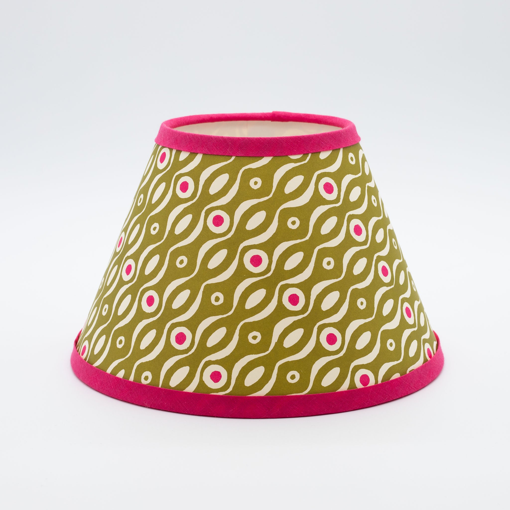 Persephone Olive lampshade — olive-green floral sprig pattern on a handmade conical paper shade.