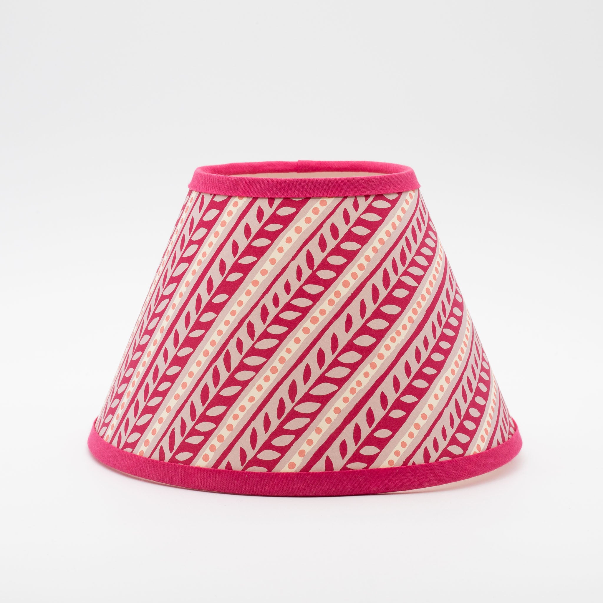 Charleston Border lampshade in pink — hand-painted Bloomsbury-style border pattern on a conical paper shade.