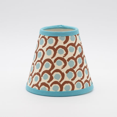Charleston Loop and Spot lampshade — brown and blue hand-painted loops and dots on a conical paper shade.