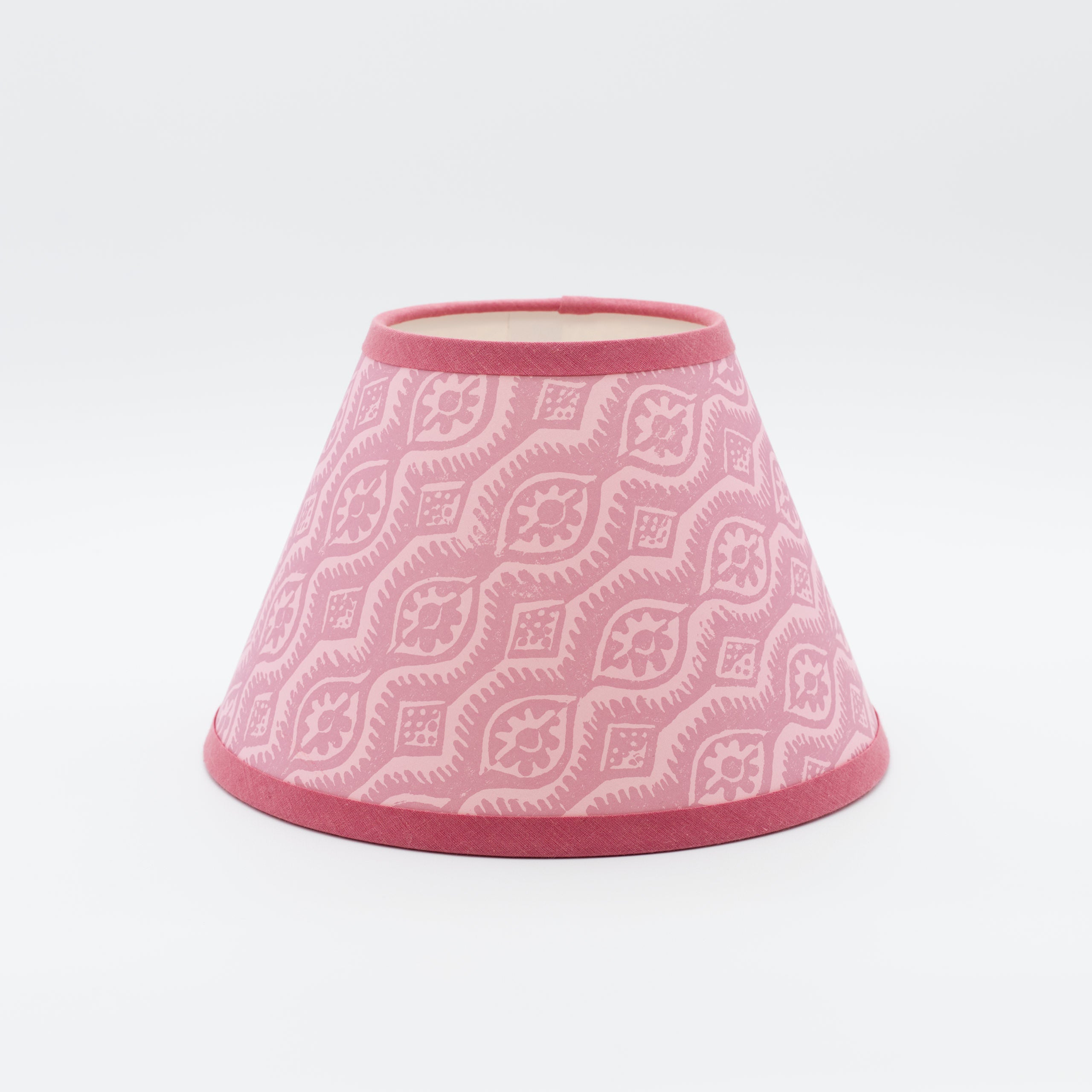 Damask Pink lampshade — classic pink damask pattern on a handmade conical paper shade.