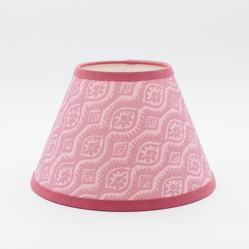 Damask Pink lampshade — classic pink damask pattern on a handmade conical paper shade.