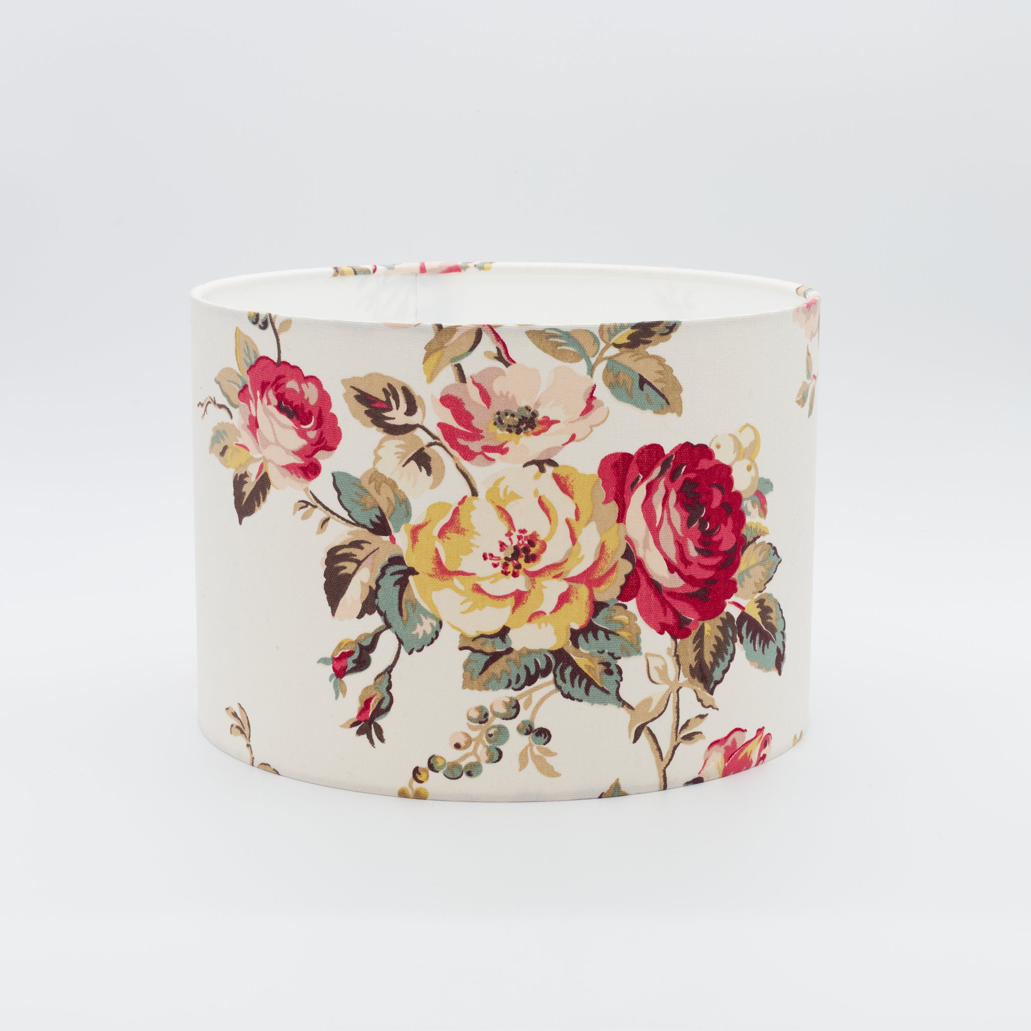 Roses & Cream lampshade — rose floral pattern on cream, cotton drum shade.