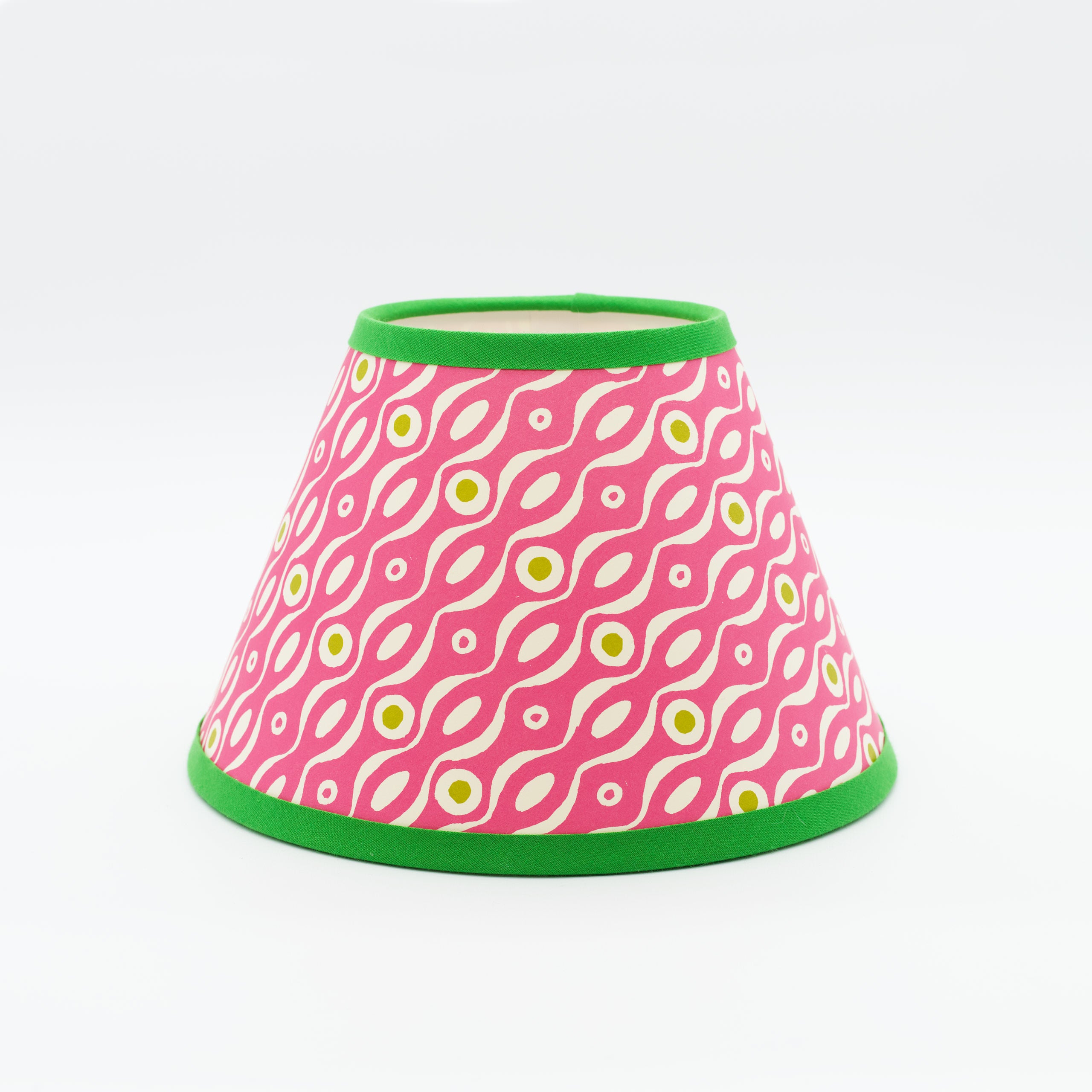 Persephone Pink lampshade — pink floral sprig pattern on a handmade conical paper shade.