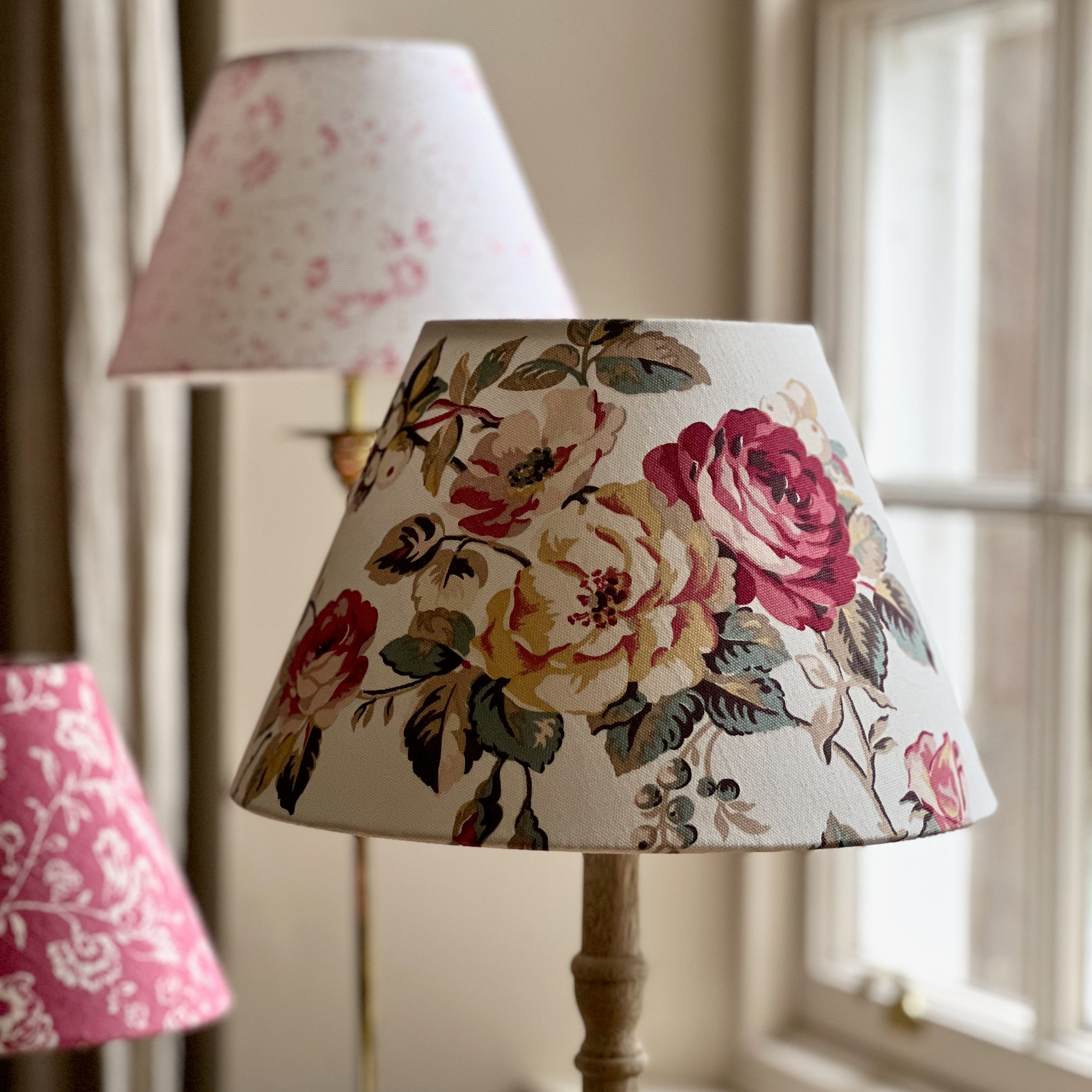 Roses & Cream conical lampshade, closer view of the rose pattern.