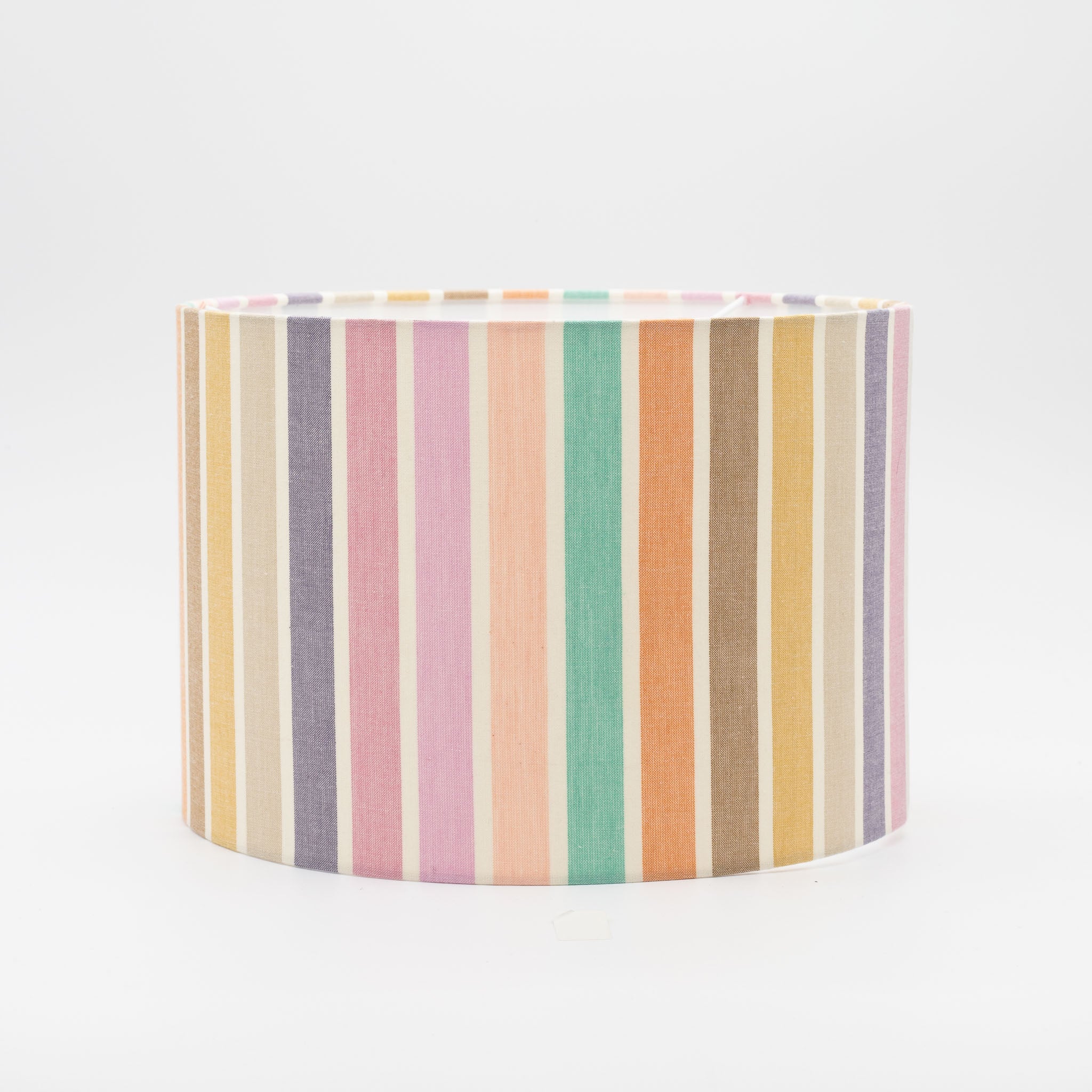 Summer Stripes lampshade — multicolour striped pattern on a cotton drum shade.
