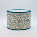 Trellis Blue lampshade — blue trellis lattice pattern on a cotton drum shade.