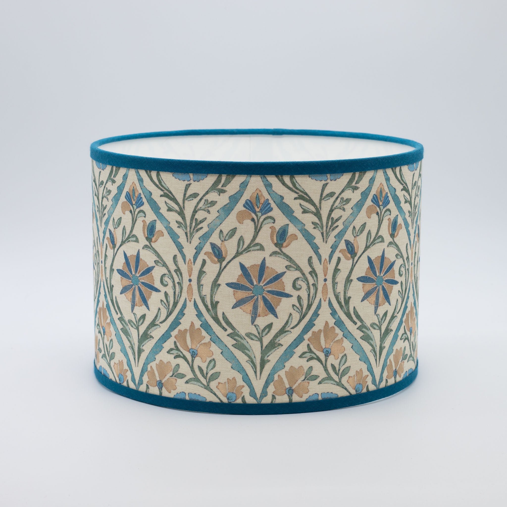 Trellis Blue lampshade — blue trellis lattice pattern on a cotton drum shade.