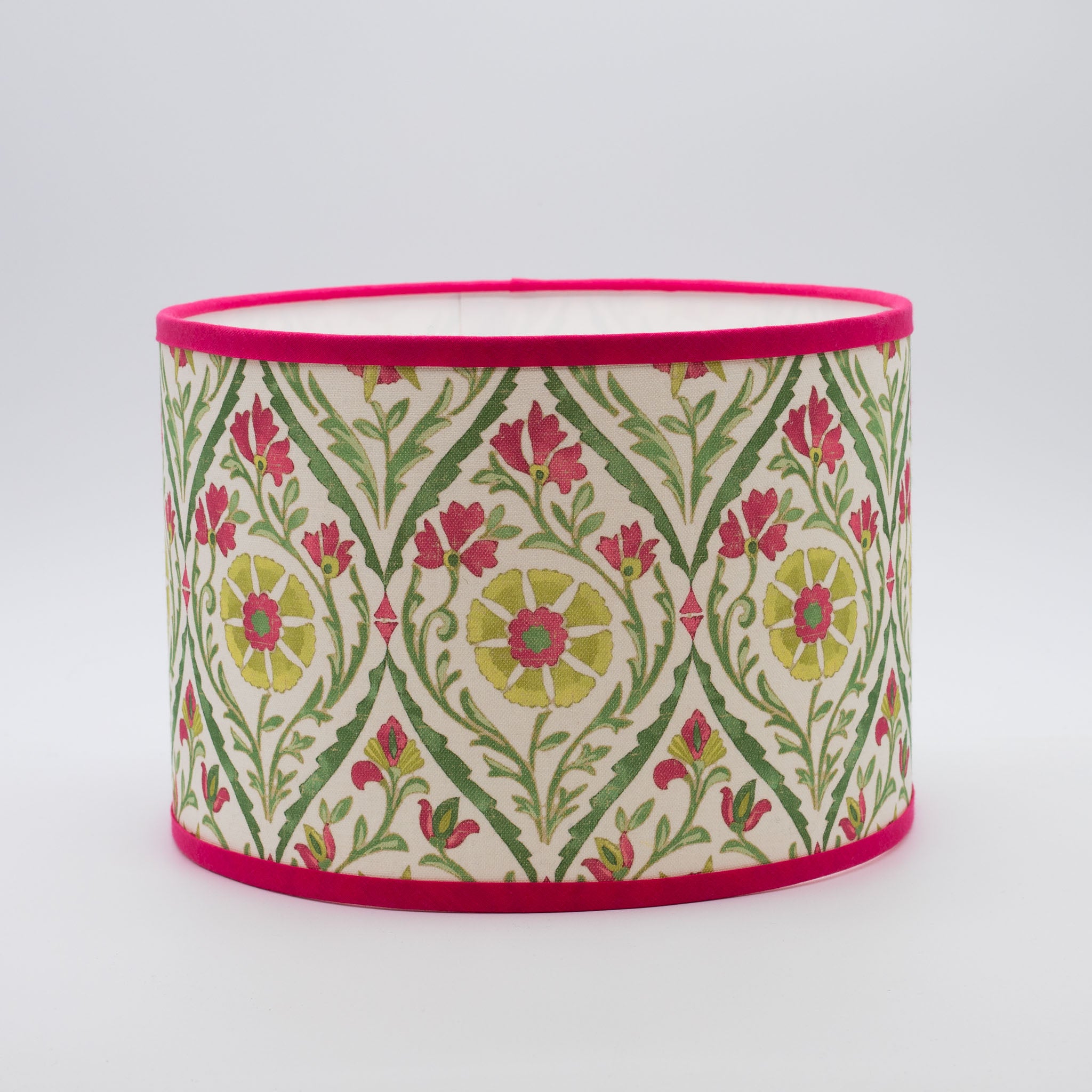 Trellis Pink lampshade — pink trellis lattice pattern on a cotton drum shade.
