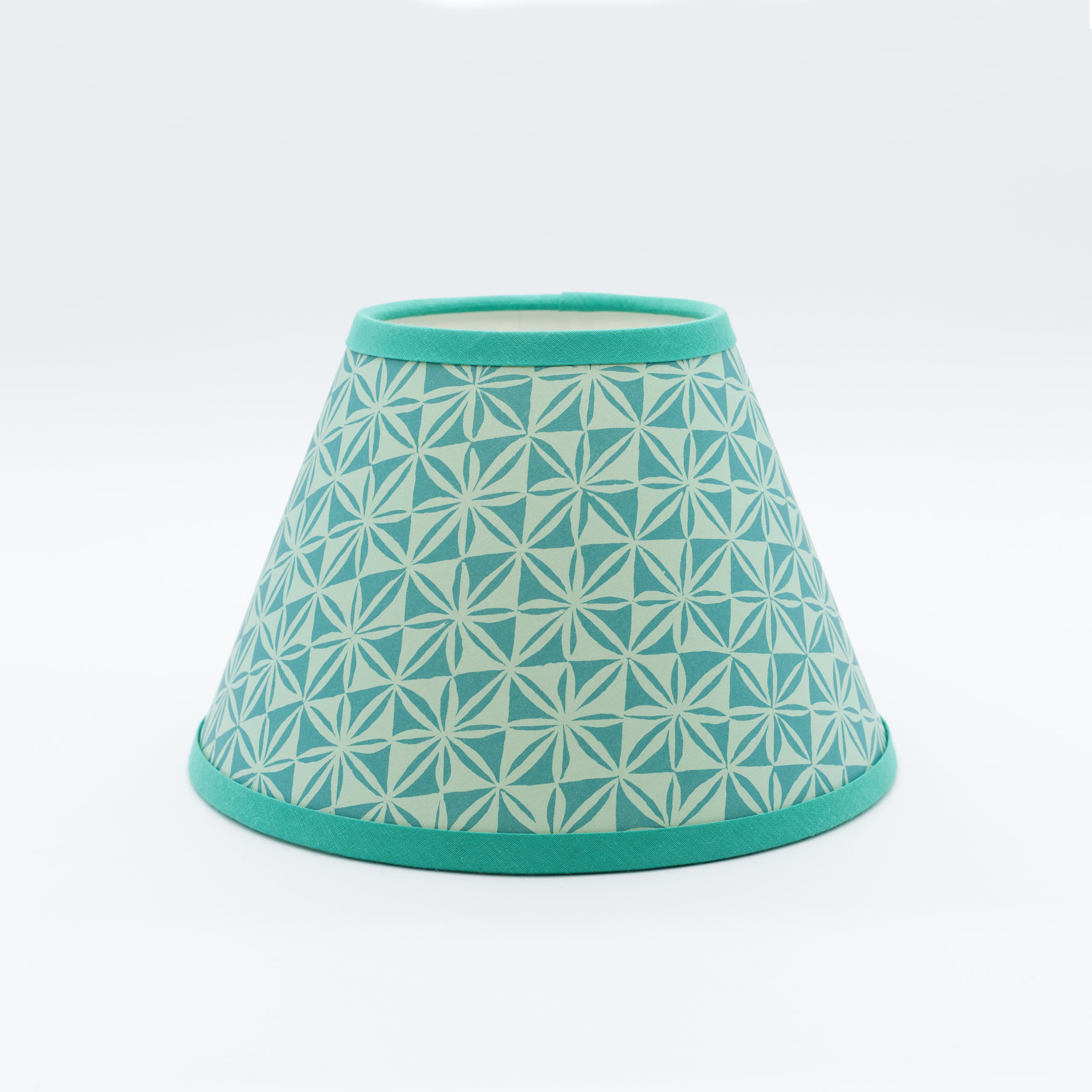 Windmill Luskentyre lampshade — teal geometric windmill pattern on a conical paper shade.